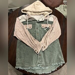 Two-Tone Corduroy Hooded Button-Up Jacket in Sage & Blush